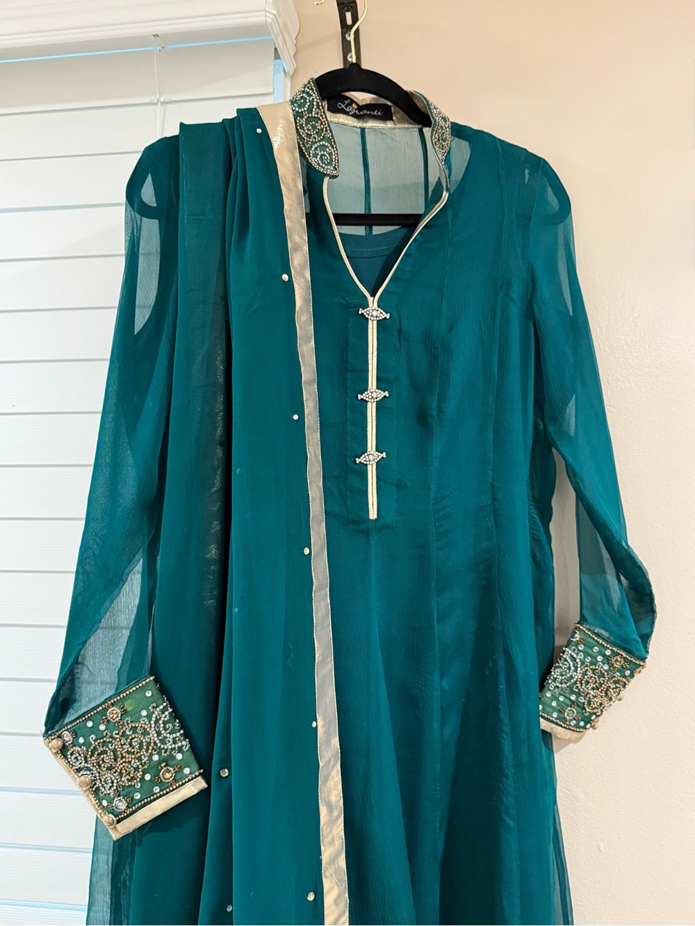 4 Piece Pakistani Wedding Chiffon High Low Gown Dress Green size M - Picture 2 of 13